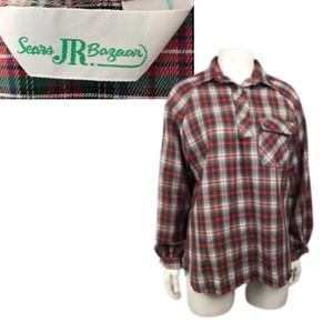 1970s Sears Red Plaid Long Sleeve Shirt Top / Women’s Medium *